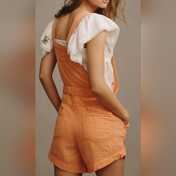 Pilcro Anthropologie Women's Gauze Micro Playsuit Overalls in Light Orange Peach - Picture 5 of 16